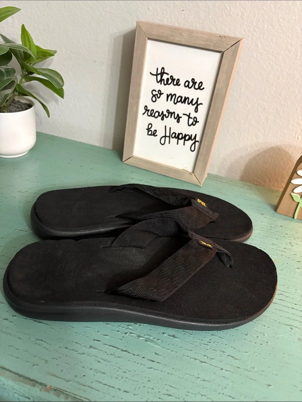Teva Black Suede Strap Flip Flops with Woven Thong